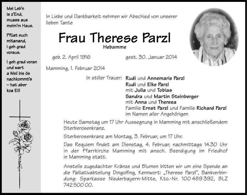 Traueranzeige Therese Parzl
