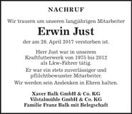 Traueranzeige Erwin Just