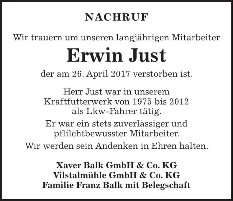 Traueranzeige Erwin Just