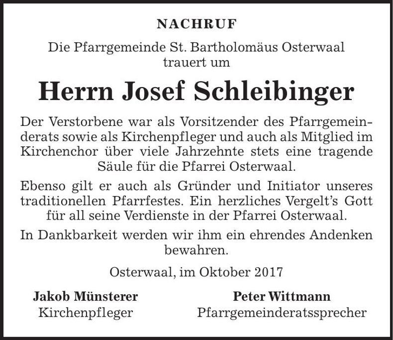 Traueranzeige Josef Schleibinger