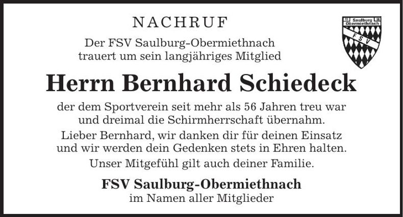Traueranzeige Bernhard Schiedeck