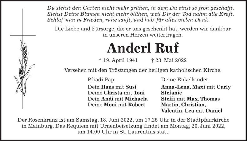 Traueranzeige Anderl Ruf