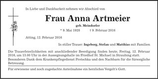 Traueranzeige Anna Artmeier