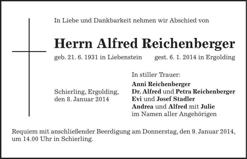Traueranzeige Alfred Reichenberger