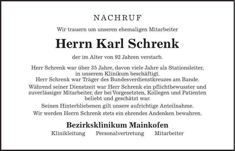 Traueranzeige Karl Schrenk