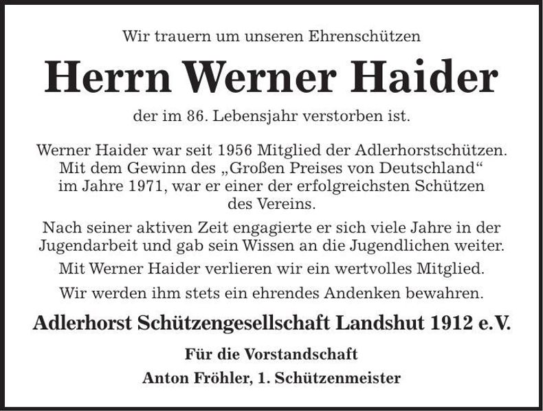 Traueranzeige Werner Haider