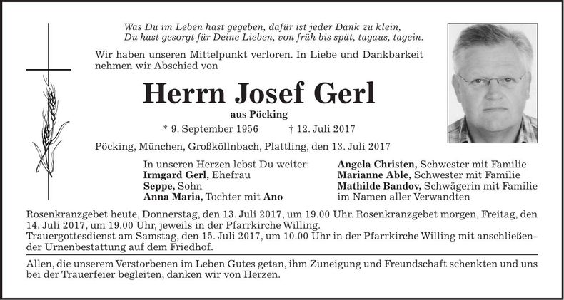 Traueranzeige Josef Gerl