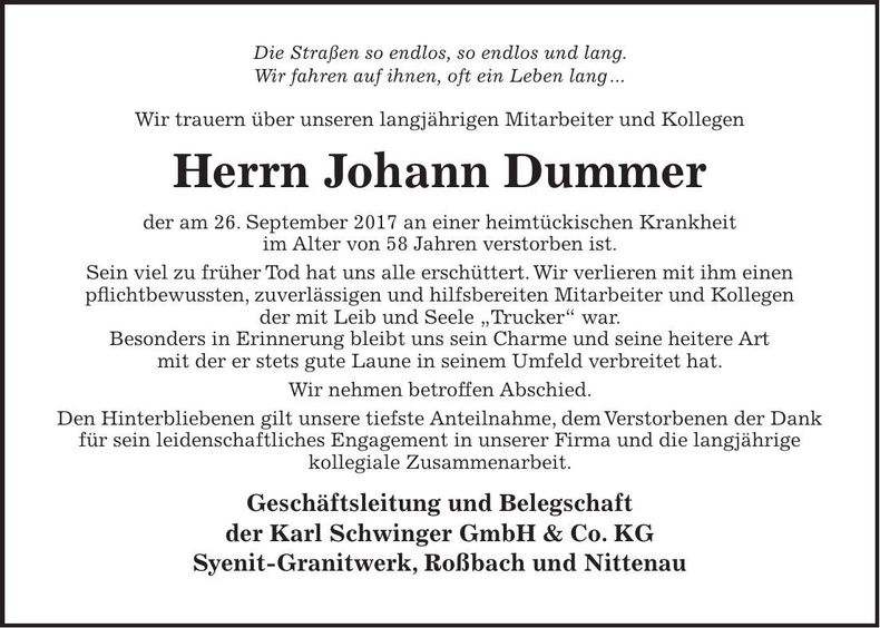 Traueranzeige Johann Dummer