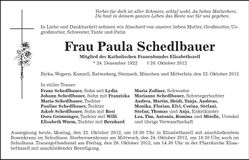 Traueranzeige Paula Schedlbauer