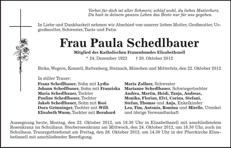 Traueranzeige Paula Schedlbauer