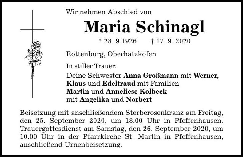 Traueranzeige Maria Schinagl