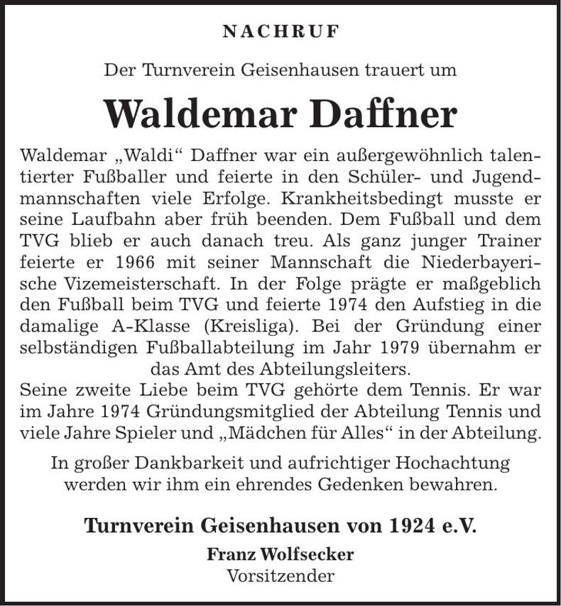 Traueranzeige Waldemar Daffner