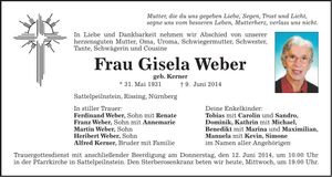Traueranzeige Gisela Weber