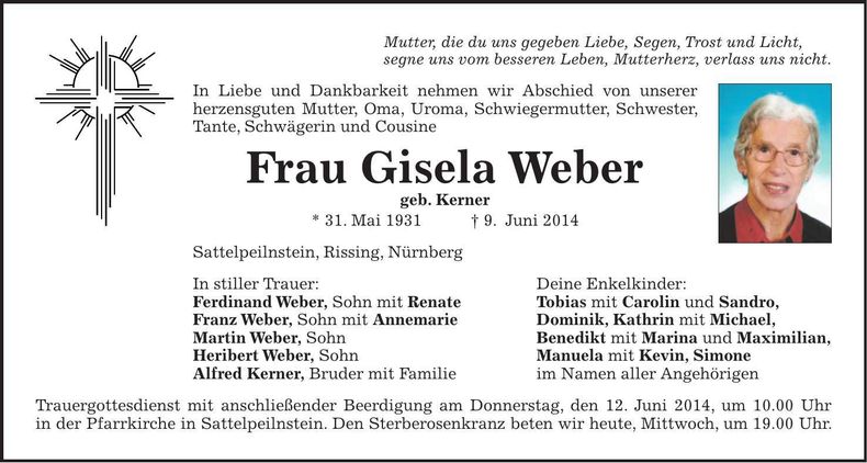 Traueranzeige Gisela Weber