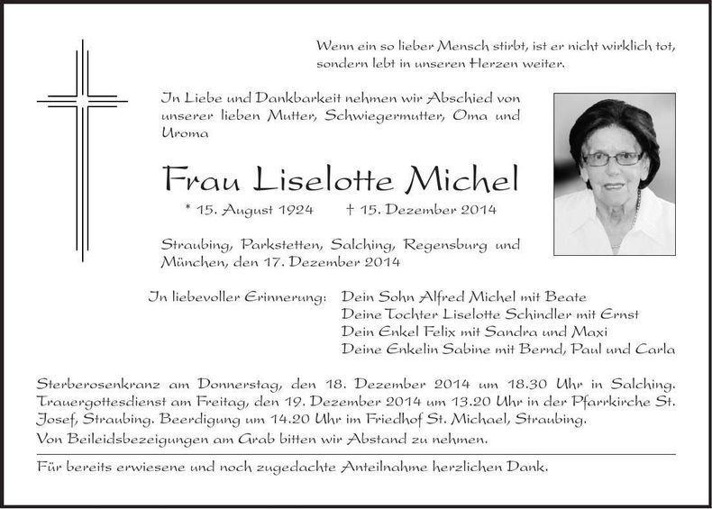 Traueranzeige Liselotte Michel