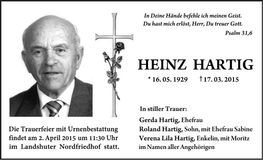 Traueranzeige Heinz Hartig