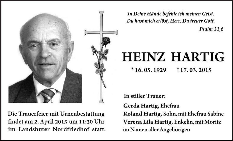 Traueranzeige Heinz Hartig