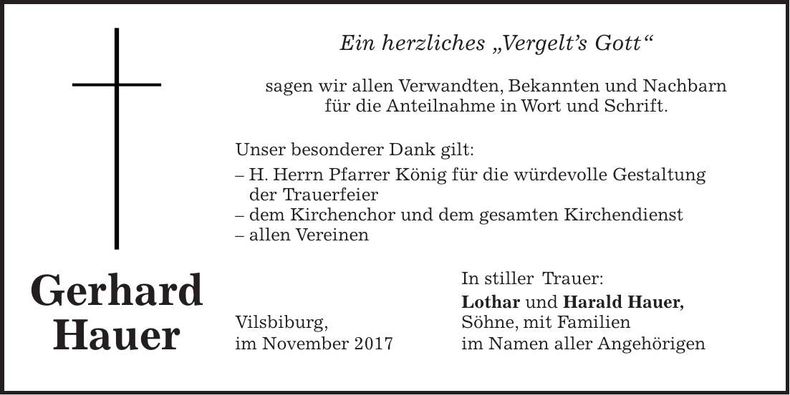 Traueranzeige Gerhard Hauer