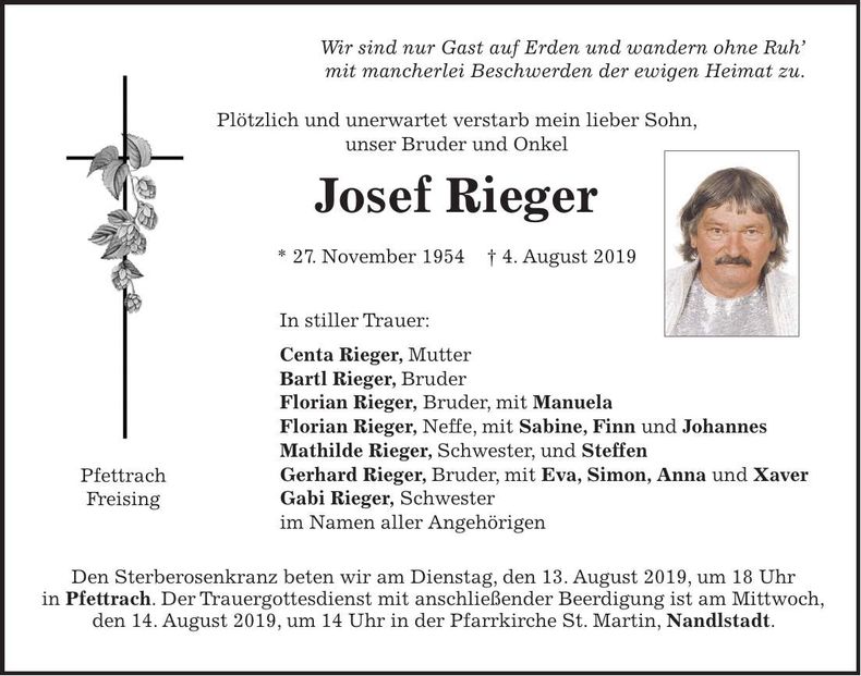 Traueranzeige Josef Rieger