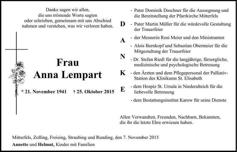 Traueranzeige Anna Lempart