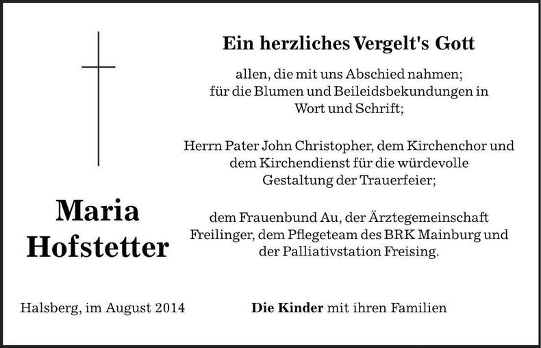 Traueranzeige Maria Hofstetter