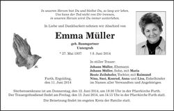 Traueranzeige Emma Müller