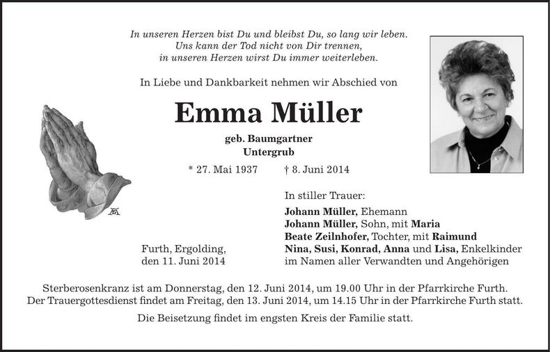 Traueranzeige Emma Müller