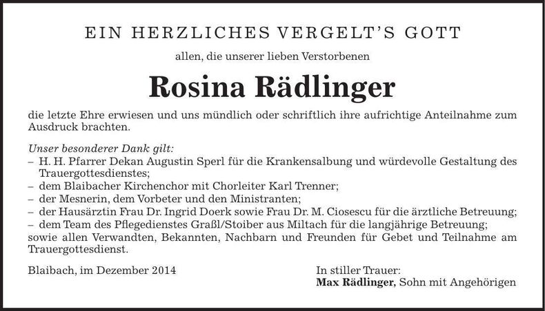 Traueranzeige Rosina Rädlinger