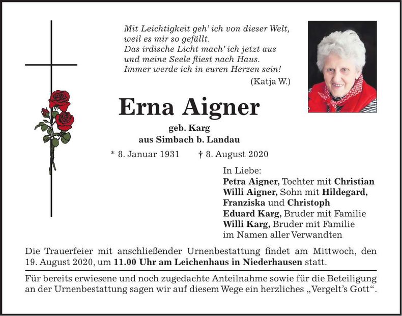Traueranzeige Erna Aigner