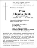 Traueranzeige Claudia Plank