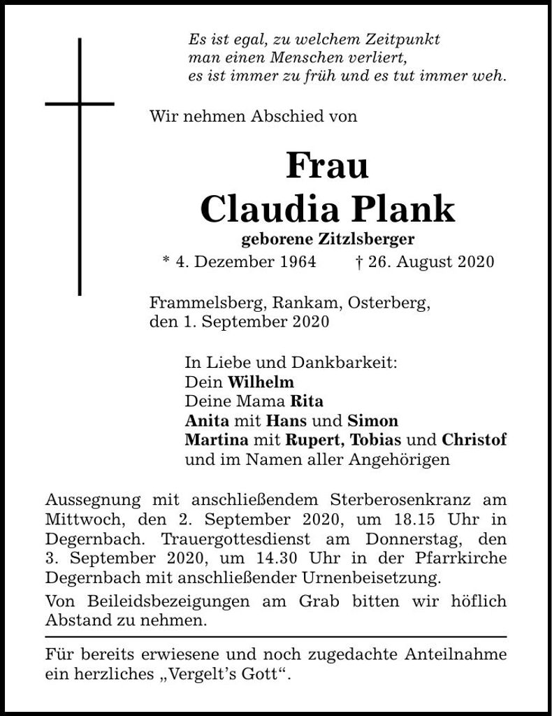 Traueranzeige Claudia Plank