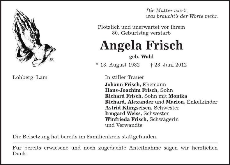 Traueranzeige Angela Frisch