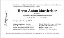 Traueranzeige Anton Martlreiter