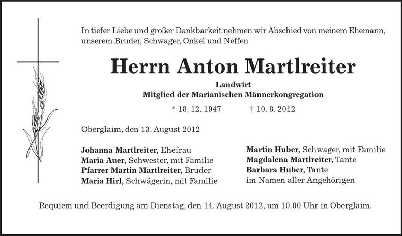 Traueranzeige Anton Martlreiter