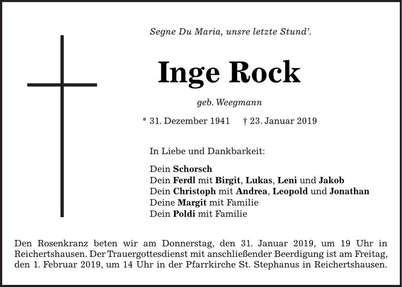 Traueranzeige Inge Rock