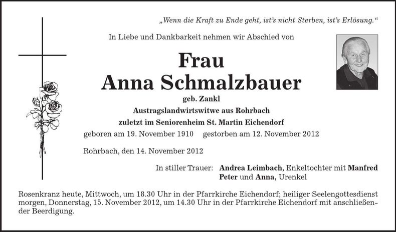 Traueranzeige Anna Schmalzbauer
