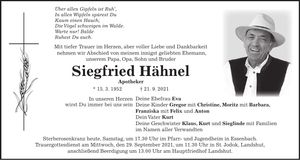 Traueranzeige Siegfried Hähnel