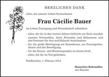 Traueranzeige Cäcilie Bauer