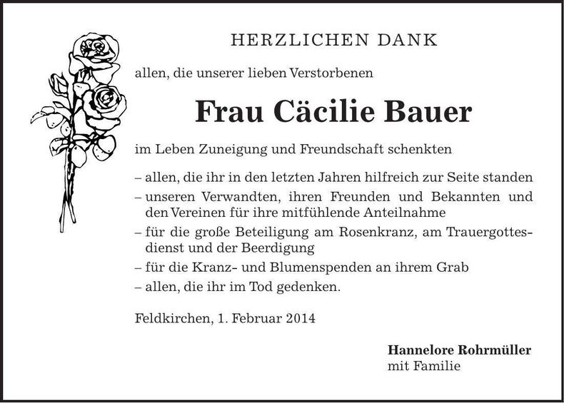 Traueranzeige Cäcilie Bauer