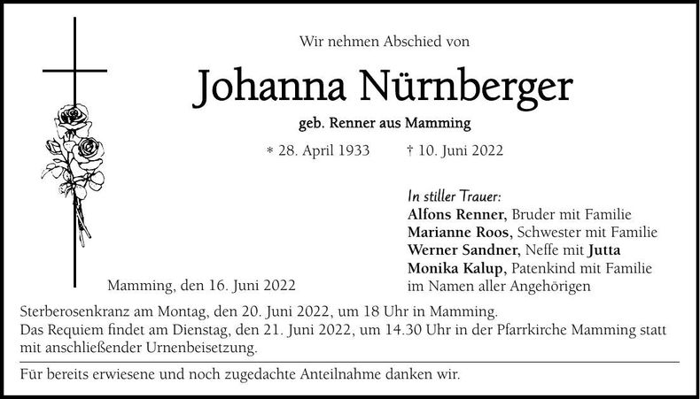 Traueranzeige Johanna Nürnberger