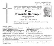 Traueranzeige Franziska Rädlinger