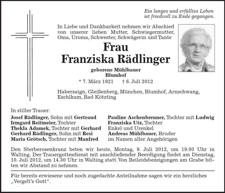 Traueranzeige Franziska Rädlinger