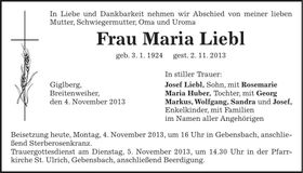 Traueranzeige Maria Liebl