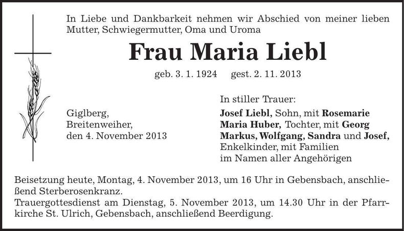Traueranzeige Maria Liebl