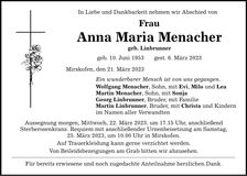 Traueranzeige Anna Maria Menacher