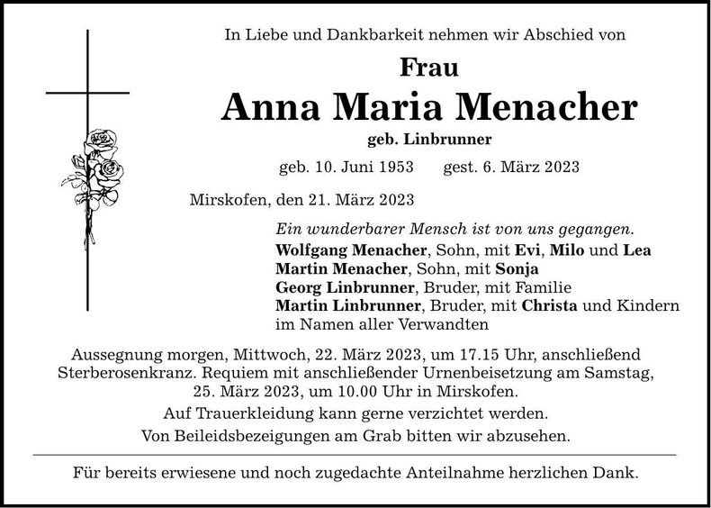 Traueranzeige Anna Maria Menacher