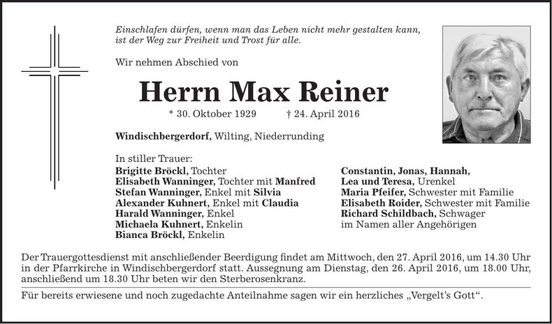 Traueranzeige Max Reiner
