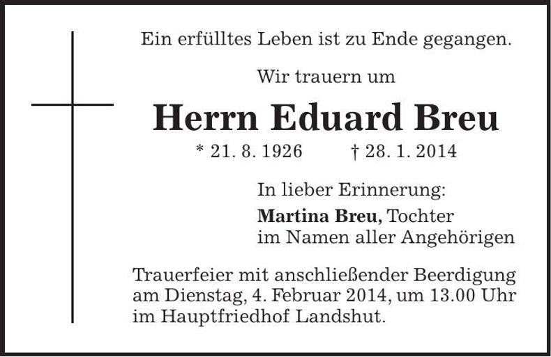 Traueranzeige Eduard Breu