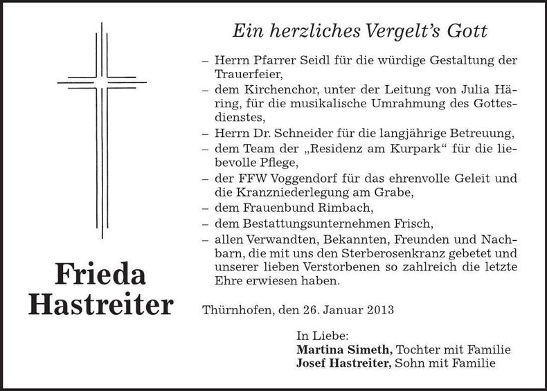 Traueranzeige Frieda Hastreiter