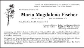 Traueranzeige Maria Magdalena Fischer